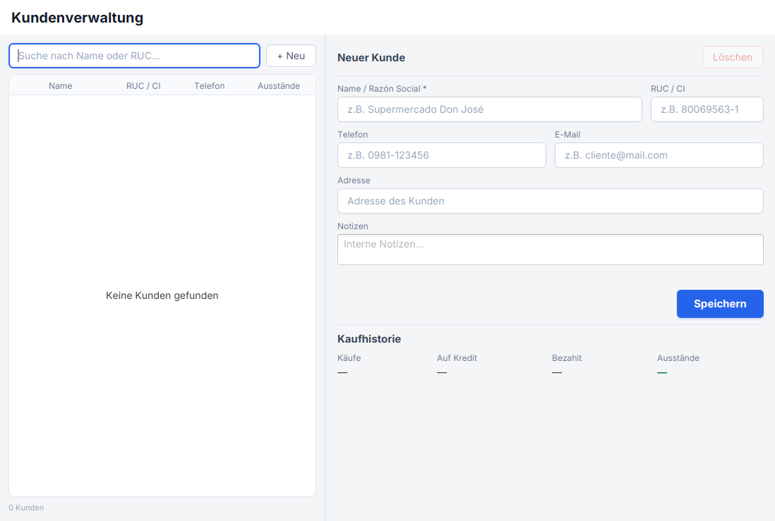 Kundenverwaltung mit Name, RUC, Telefon, E-Mail, Adresse und Kaufhistorie